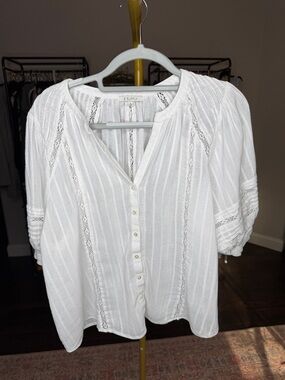 Z Supply White Button-Front Lace-Trim Blouse